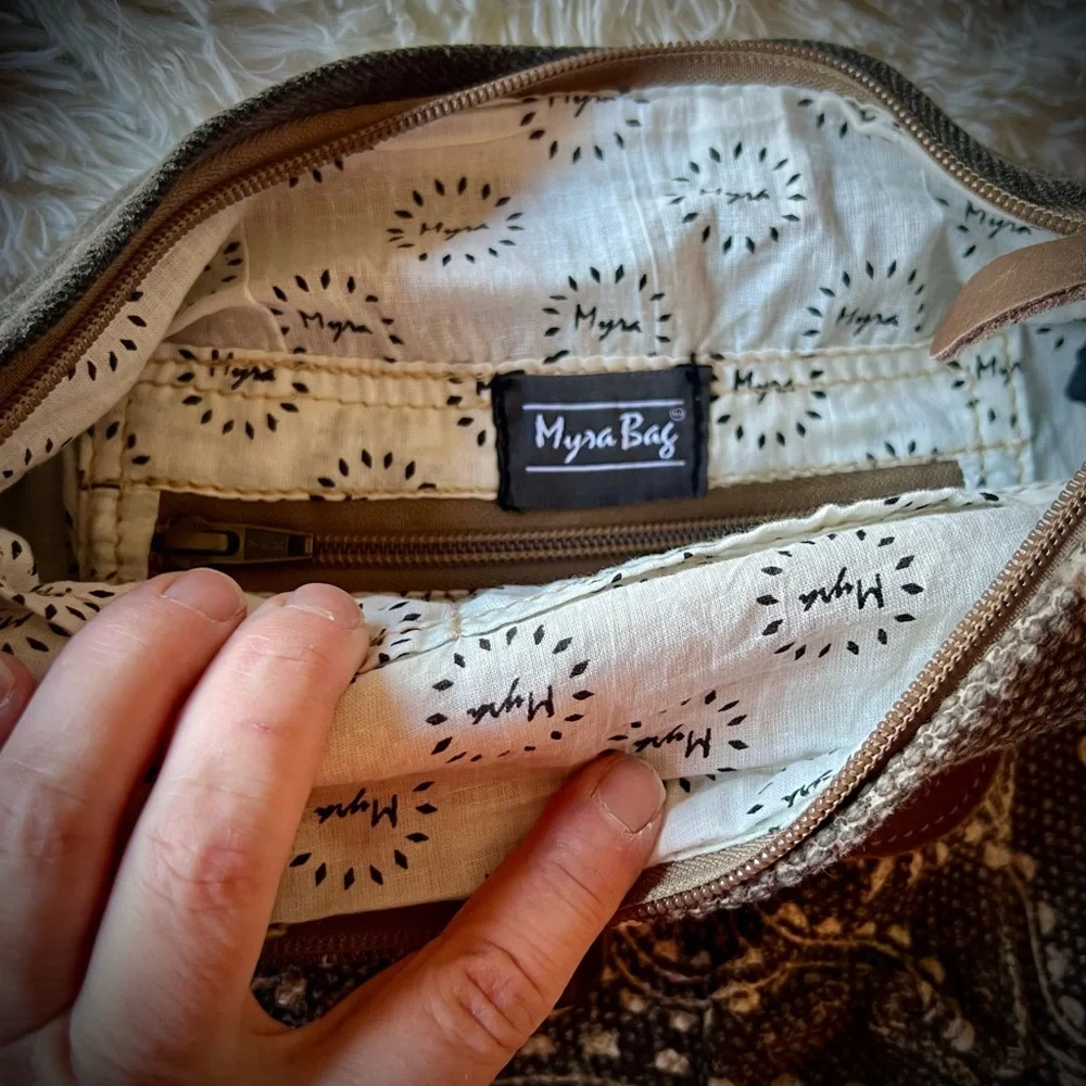 Myra Bag Gray, Brown and Cream Patterned Crossbody with Leather Flap - Picture 2 of 2